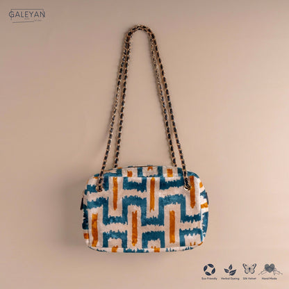 Silk Velvet Ikat Shoulder Bag – Off White / Turquoise / Saffron Gold
