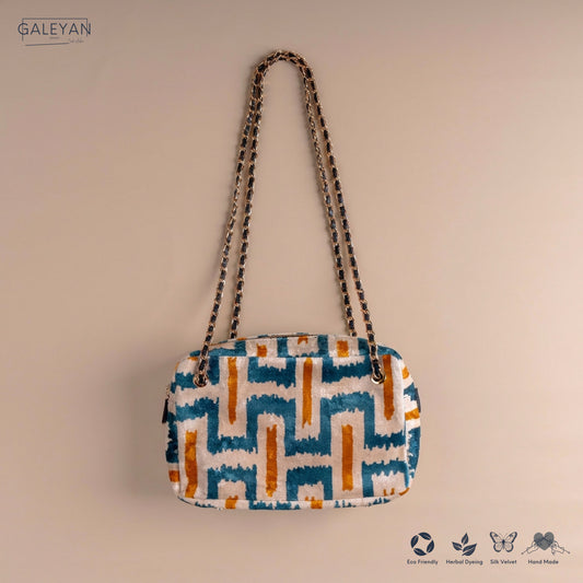 Silk Velvet Ikat Shoulder Bag – Off White / Turquoise / Saffron Gold