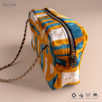 Silk Velvet Ikat Shoulder Bag – Off White / Saffron Gold / Turquoise