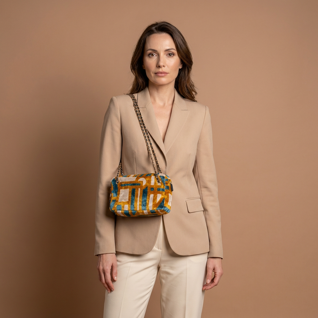 Silk Velvet Ikat Shoulder Bag – Off White / Saffron Gold / Turquoise
