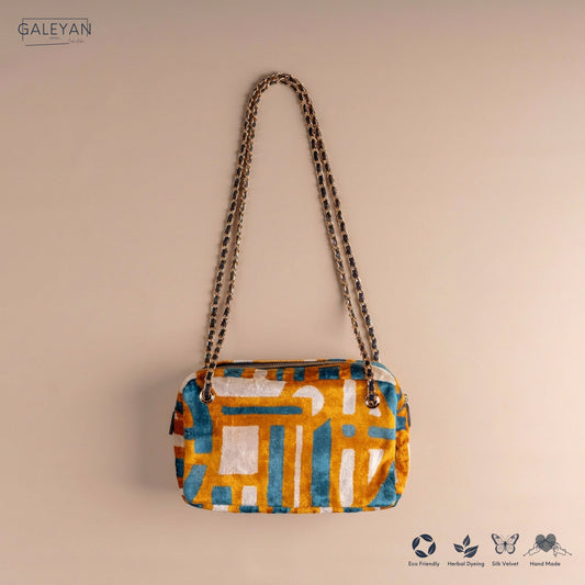 Silk Velvet Ikat Shoulder Bag – Off White / Saffron Gold / Turquoise