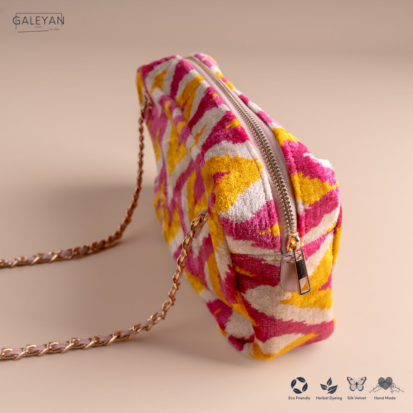 Silk Velvet Ikat Shoulder Bag – Off White / Pink / Saffron Gold