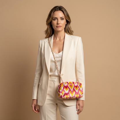 Silk Velvet Ikat Shoulder Bag – Off White / Pink / Saffron Gold