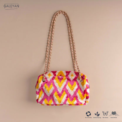 Silk Velvet Ikat Shoulder Bag – Off White / Pink / Saffron Gold