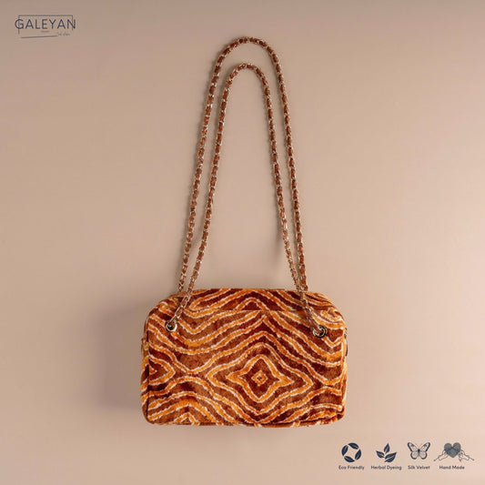 Silk Velvet Ikat Shoulder Bag – Brown / Saffron Gold