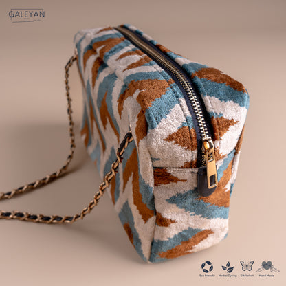 Silk Velvet Ikat Shoulder Bag – Off White / Brown / Turquoise