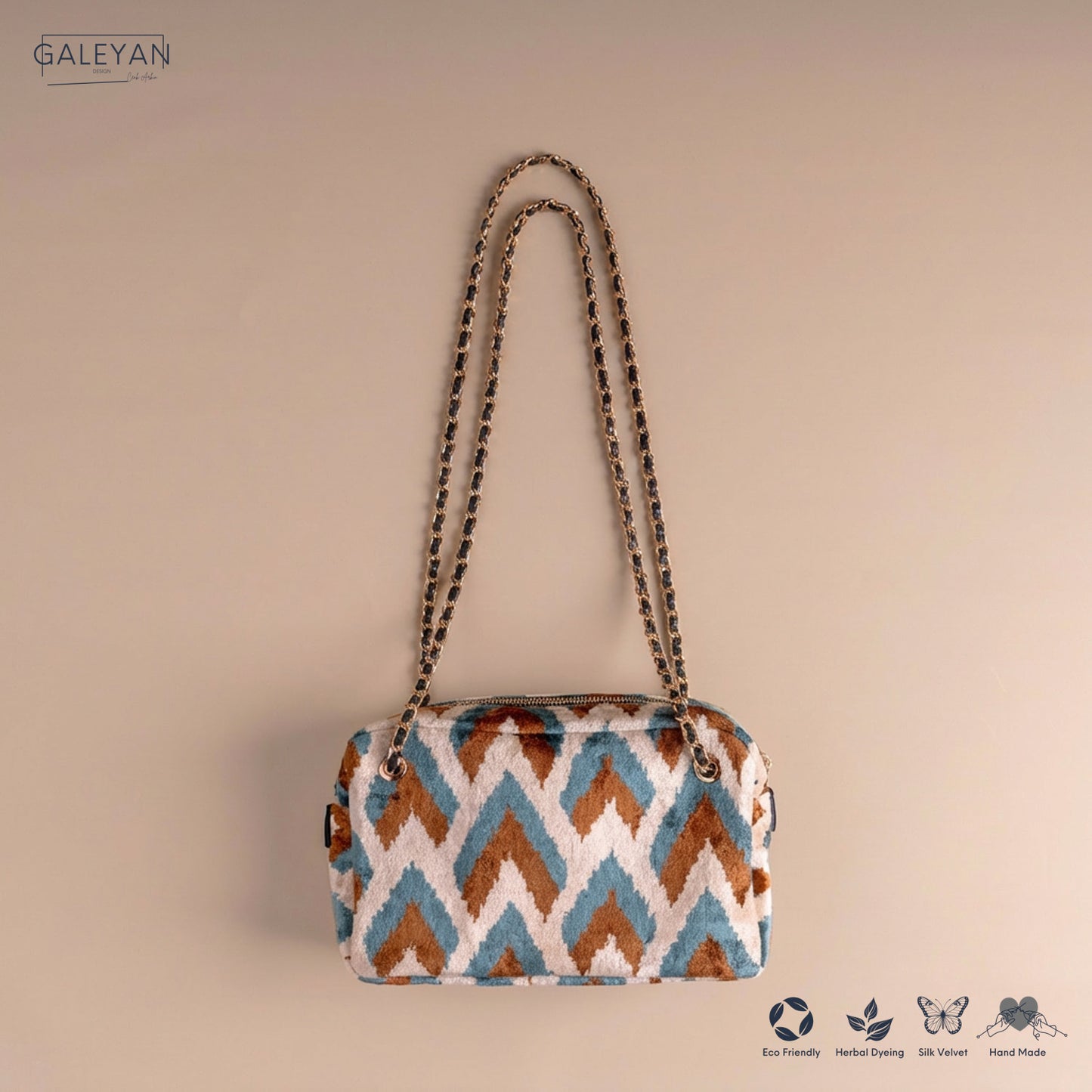 Silk Velvet Ikat Shoulder Bag – Off White / Brown / Turquoise
