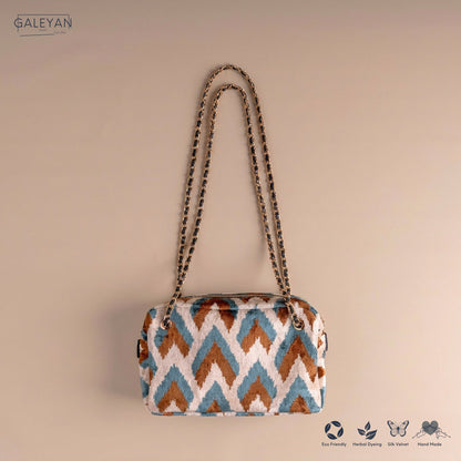 Silk Velvet Ikat Shoulder Bag – Off White / Brown / Turquoise
