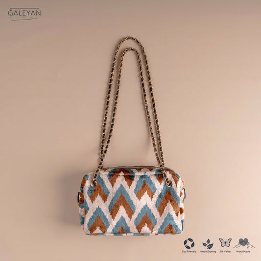 Silk Velvet Ikat Shoulder Bag – Off White / Brown / Turquoise
