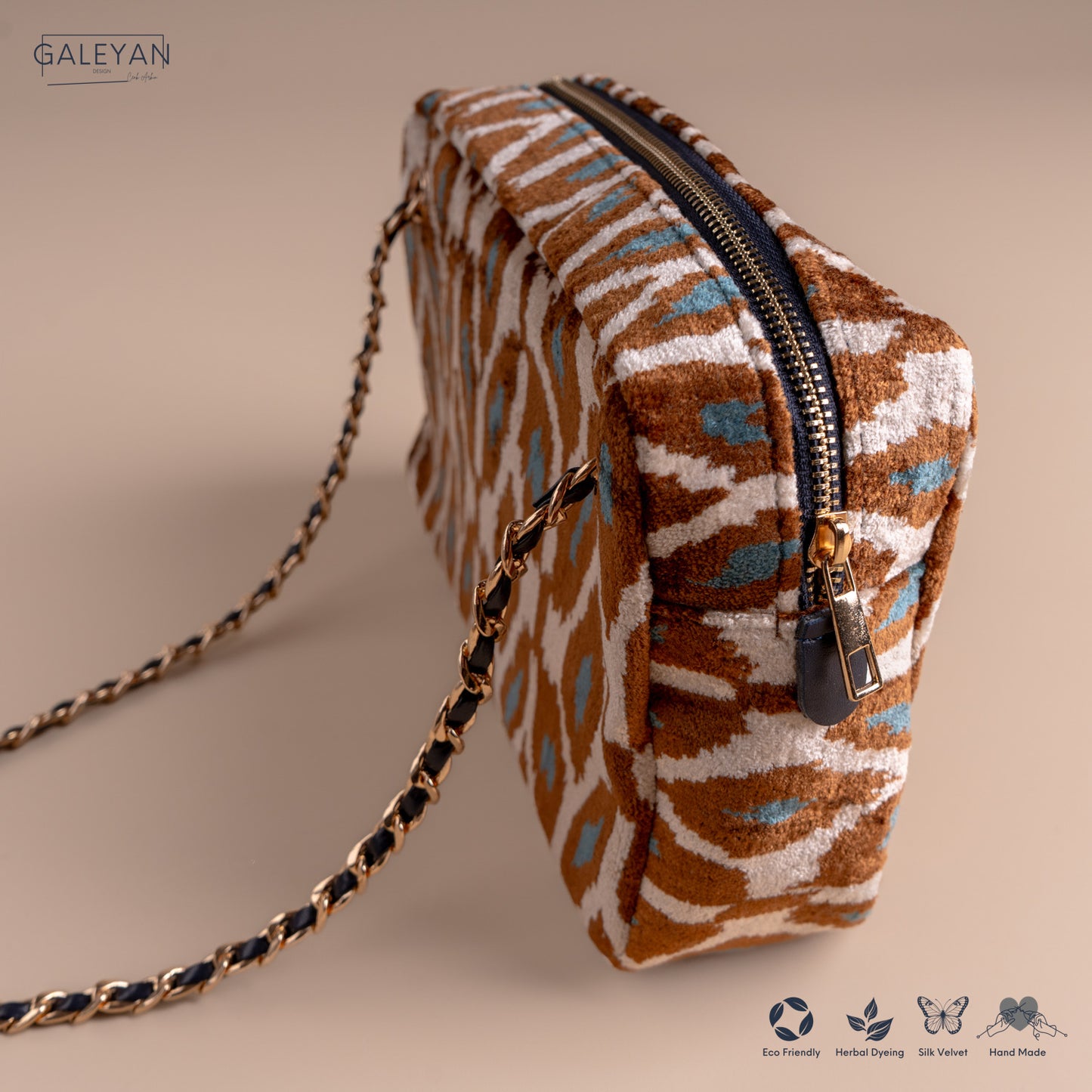 Silk Velvet Ikat Shoulder Bag – Off White / Brown / Turquoise