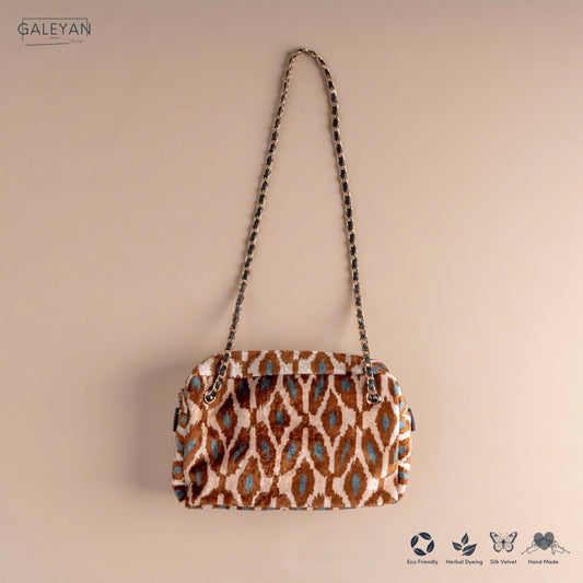 Silk Velvet Ikat Shoulder Bag – Off White / Brown / Turquoise