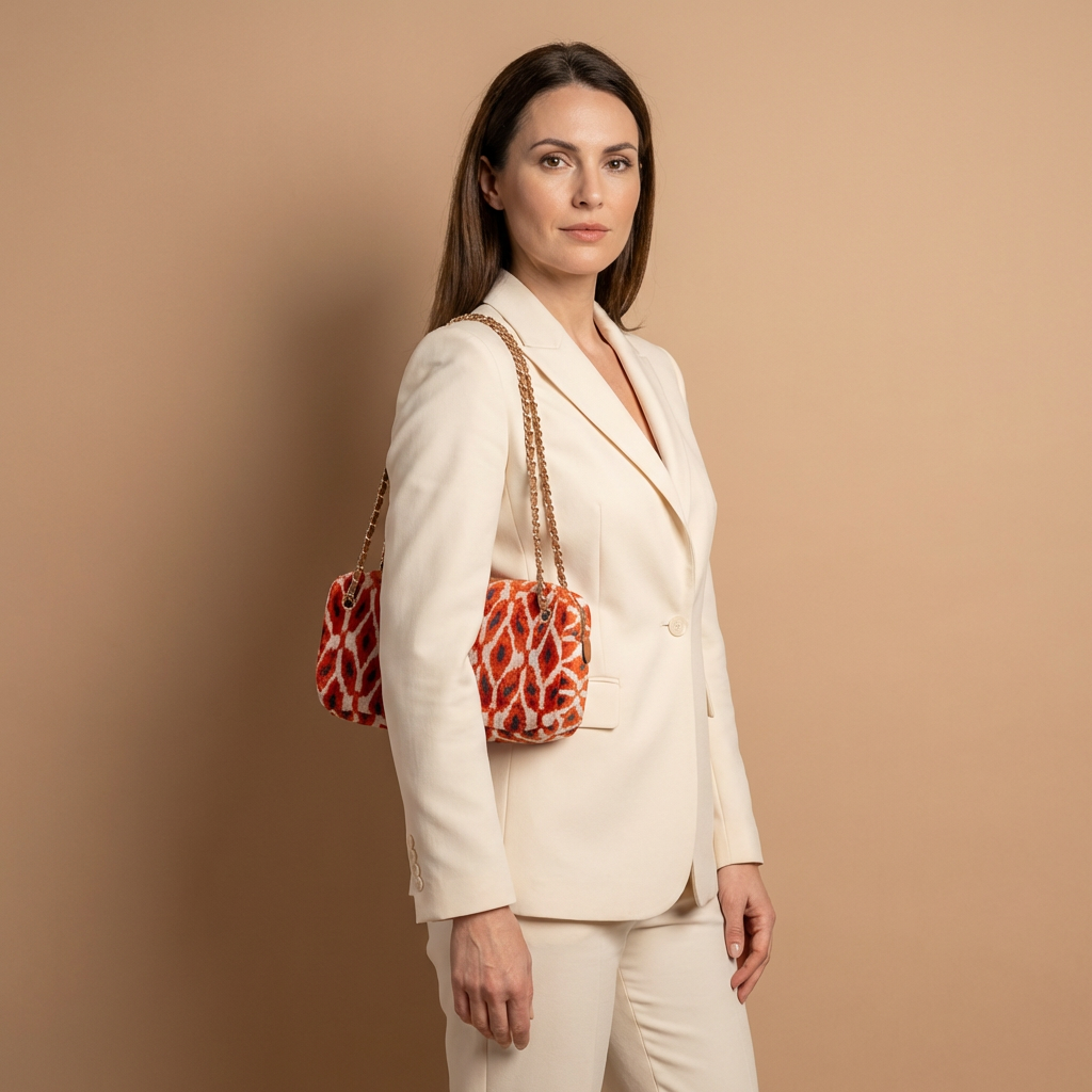 Silk Velvet Ikat Shoulder Bag – Off White / Midnight Indigo / Red