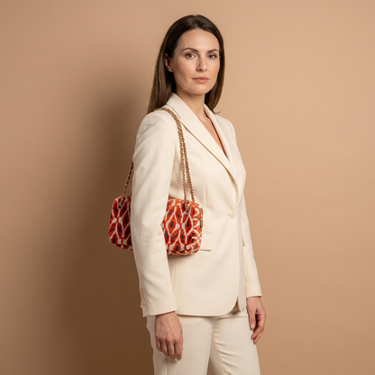 Silk Velvet Ikat Shoulder Bag – Off White / Midnight Indigo / Red