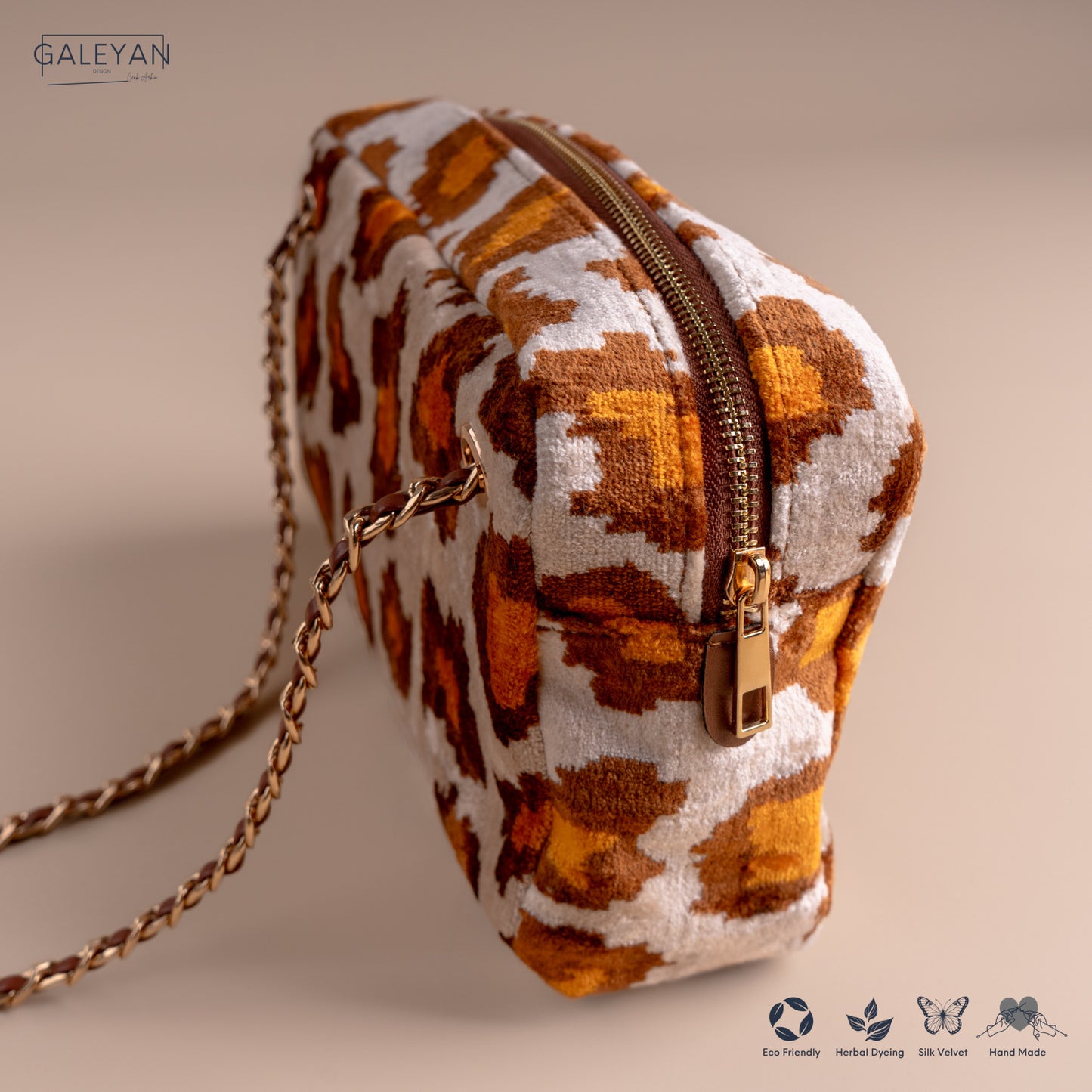 Silk Velvet Ikat Shoulder Bag – Off White / Saffron Gold / Brown
