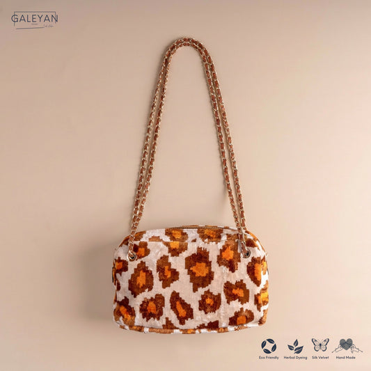 Silk Velvet Ikat Shoulder Bag – Off White / Saffron Gold / Brown