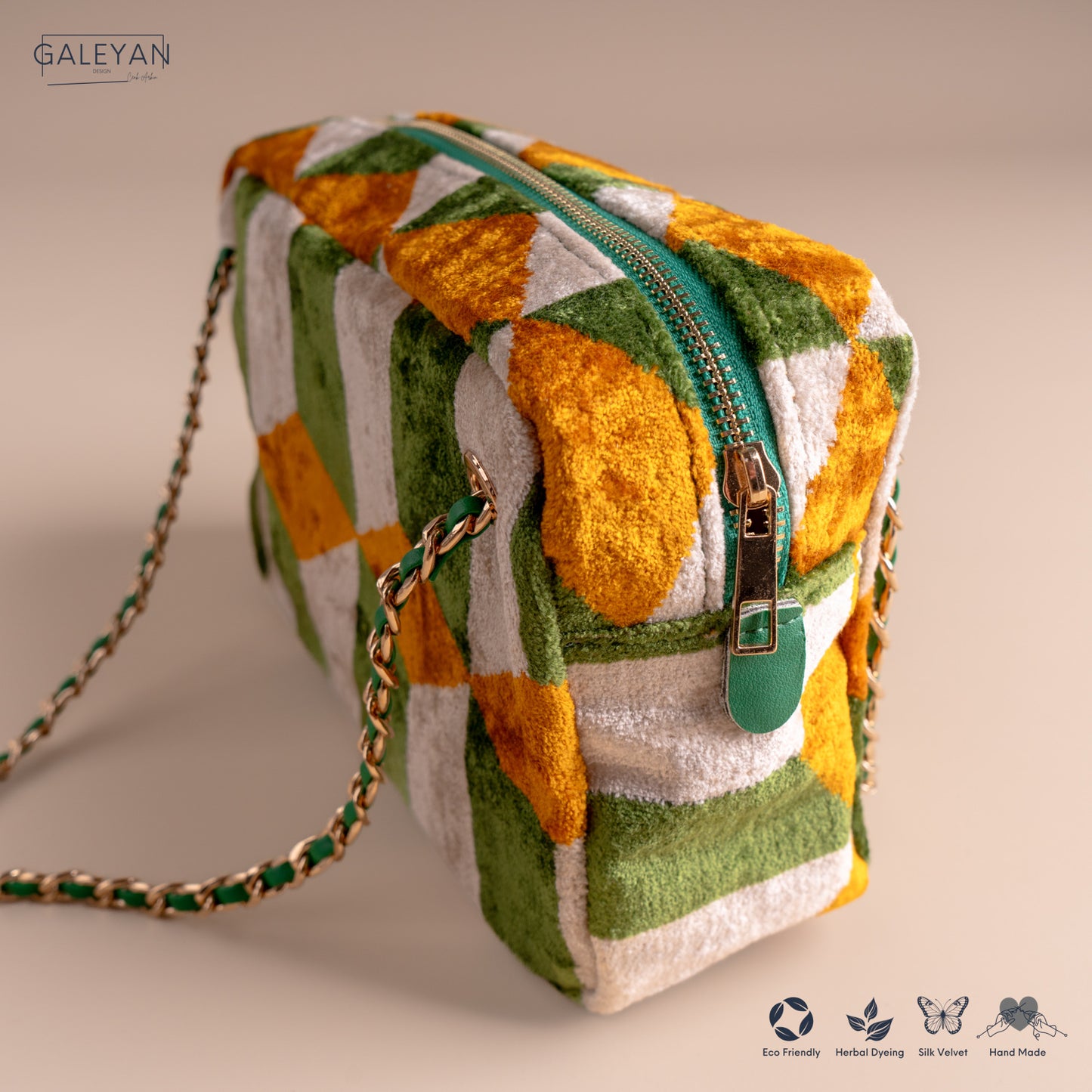 Silk Velvet Ikat Shoulder Bag – Off White / Saffron Gold / Green