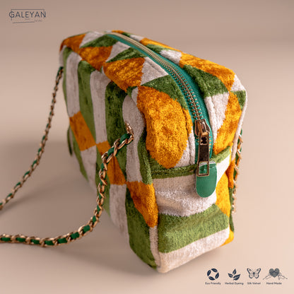 Silk Velvet Ikat Shoulder Bag – Off White / Saffron Gold / Green