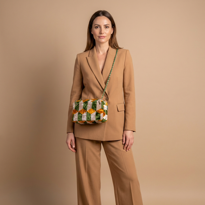 Silk Velvet Ikat Shoulder Bag – Off White / Saffron Gold / Green