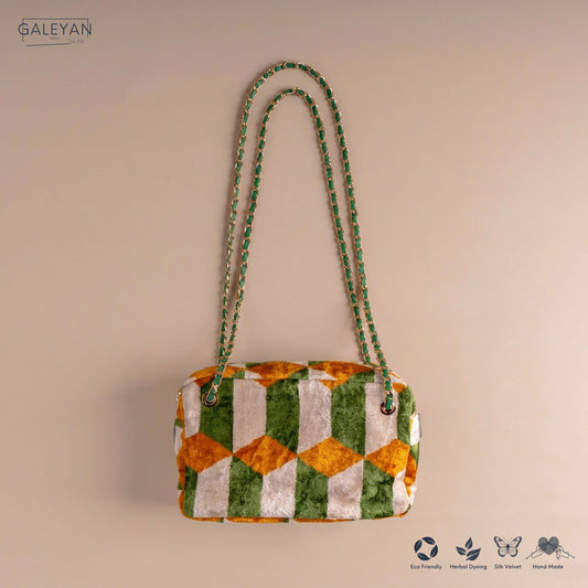 Silk Velvet Ikat Shoulder Bag – Off White / Saffron Gold / Green