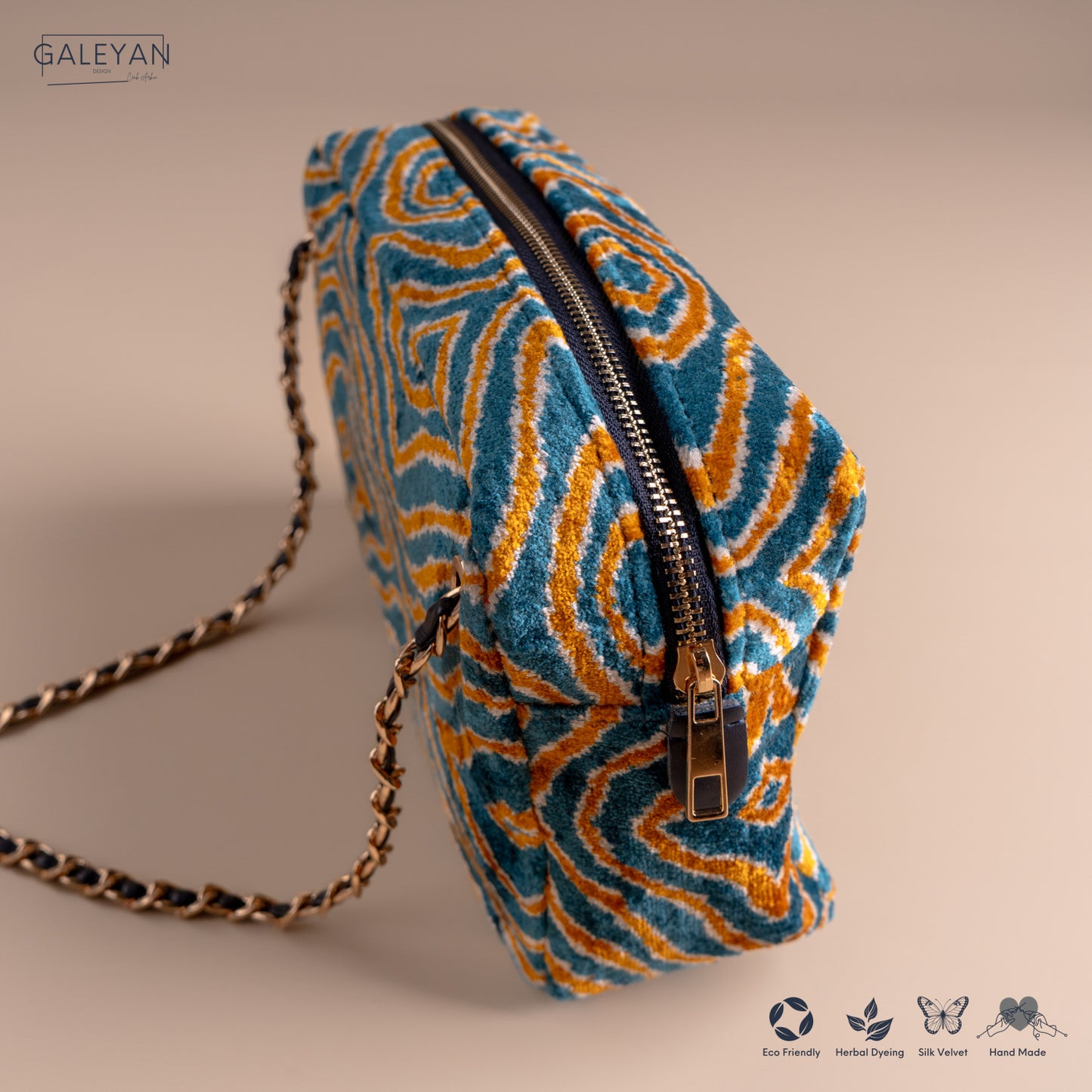 Silk Velvet Ikat Shoulder Bag – Saffron Gold / Turquoise