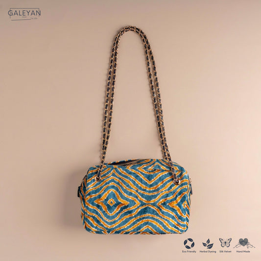 Silk Velvet Ikat Shoulder Bag – Saffron Gold / Turquoise