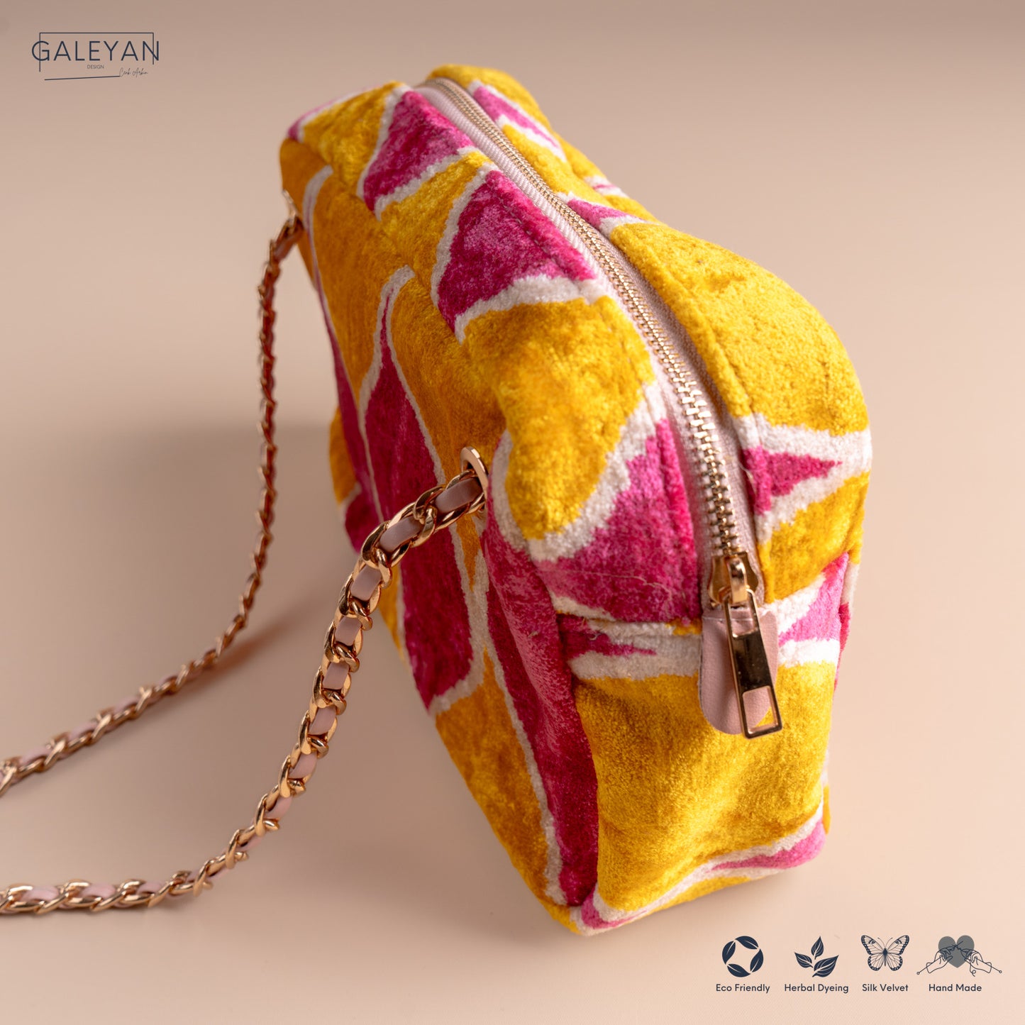 Silk Velvet Ikat Shoulder Bag – Off White / Pink / Saffron Gold