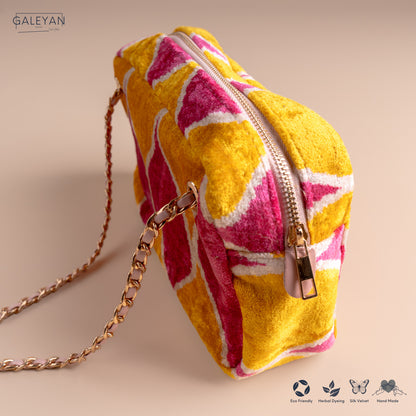 Silk Velvet Ikat Shoulder Bag – Off White / Pink / Saffron Gold