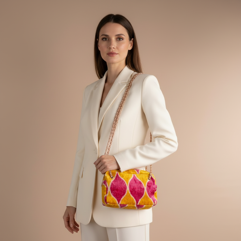 Silk Velvet Ikat Shoulder Bag – Off White / Pink / Saffron Gold