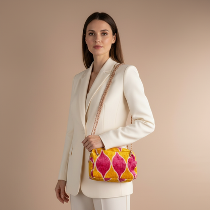 Silk Velvet Ikat Shoulder Bag – Off White / Pink / Saffron Gold