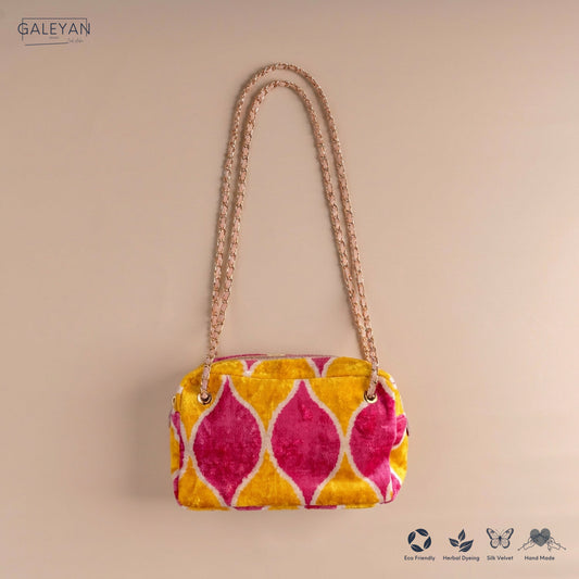 Silk Velvet Ikat Shoulder Bag – Off White / Pink / Saffron Gold