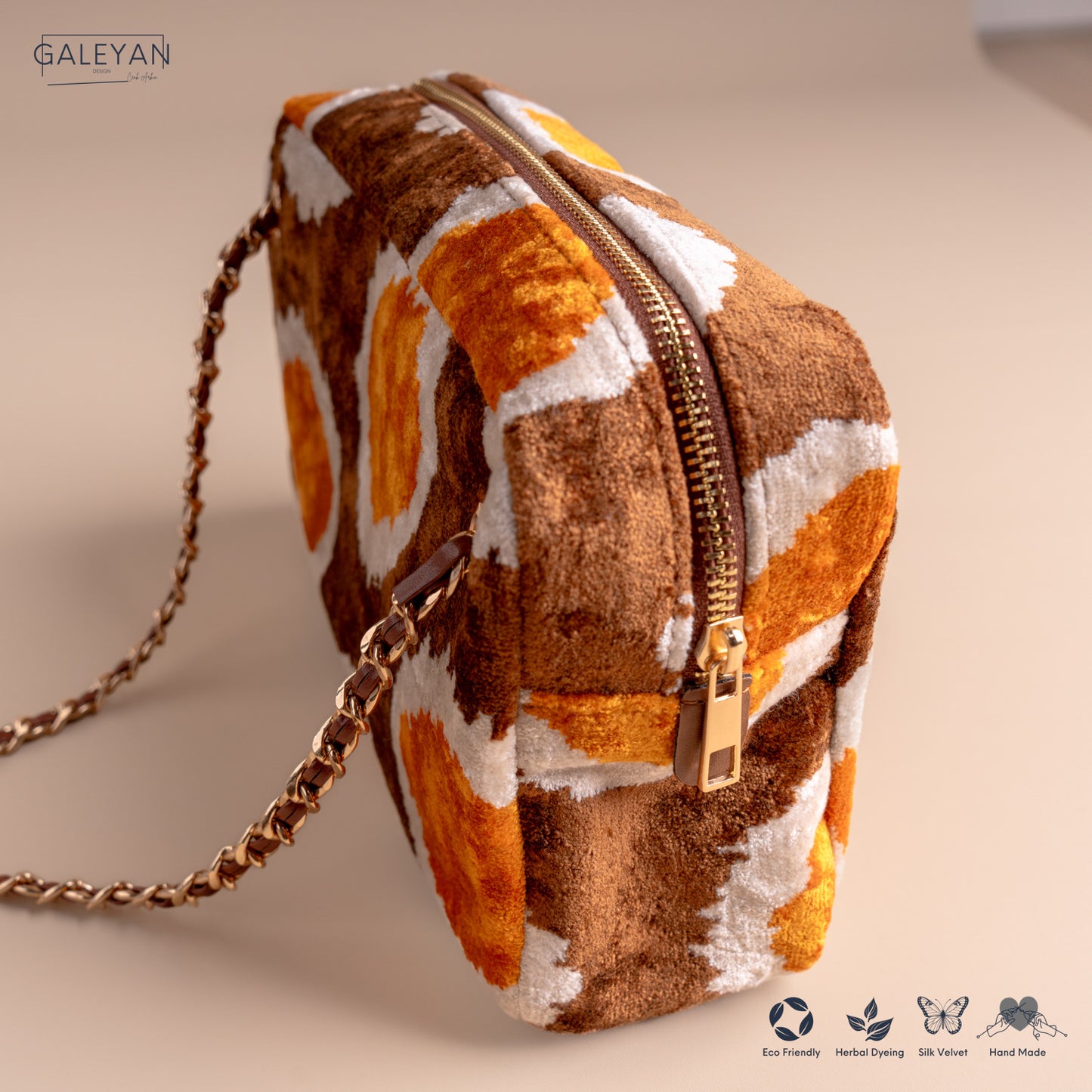 Silk Velvet Ikat Shoulder Bag – Off White / Brown / Saffron Gold