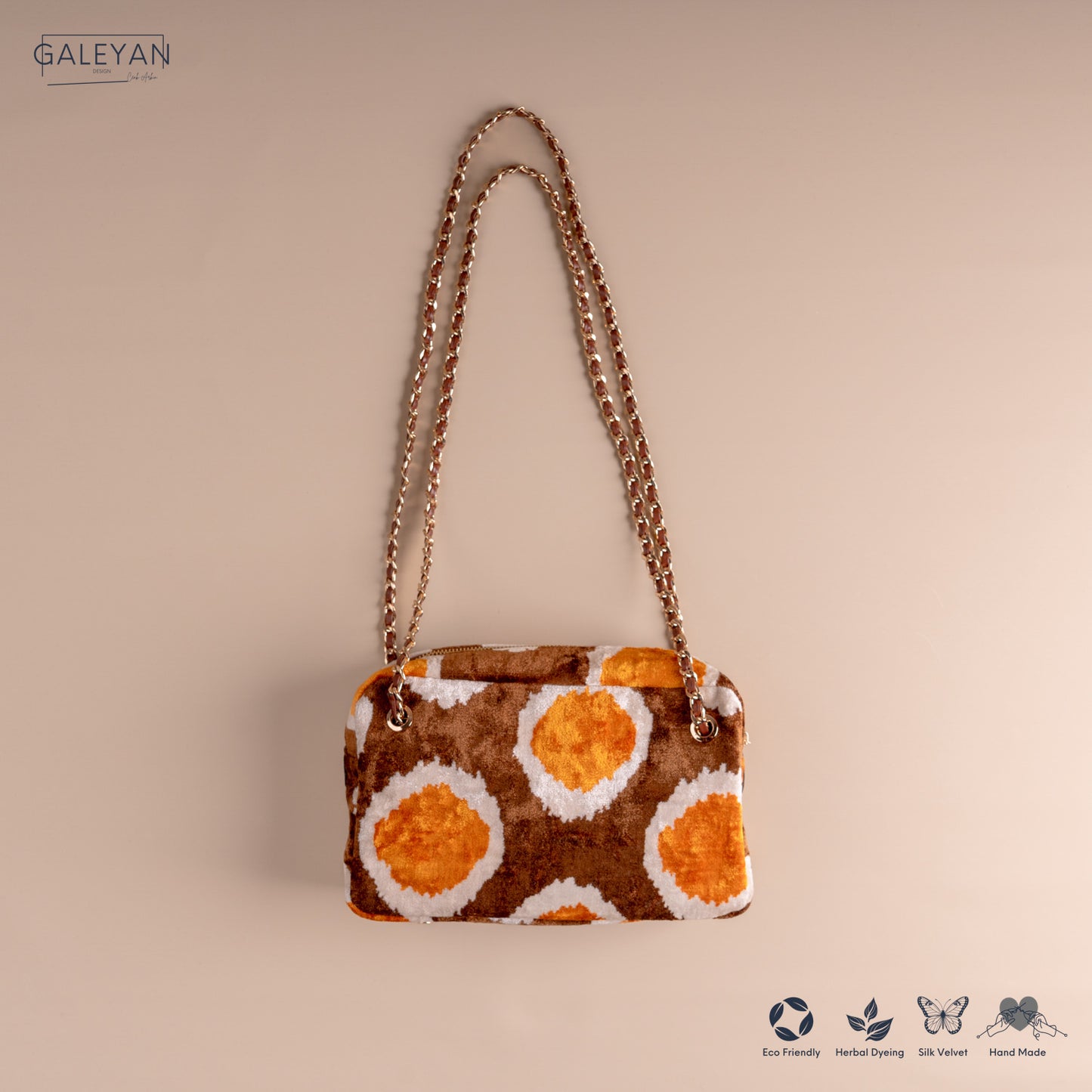 Silk Velvet Ikat Shoulder Bag – Off White / Brown / Saffron Gold