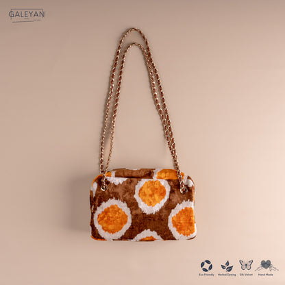 Silk Velvet Ikat Shoulder Bag – Off White / Brown / Saffron Gold