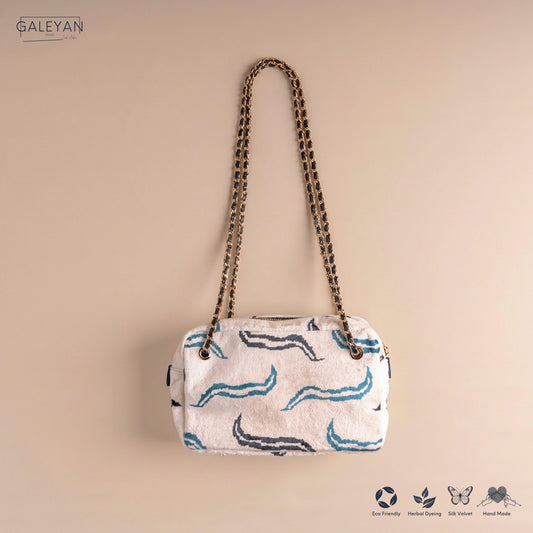 Silk Velvet Ikat Shoulder Bag – Off White / Midnight Indigo / Turquoise