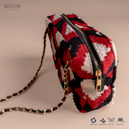 Silk Velvet Ikat Shoulder Bag – Off White / Black / Red