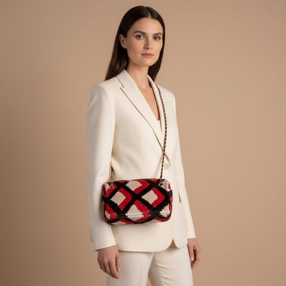Silk Velvet Ikat Shoulder Bag – Off White / Black / Red