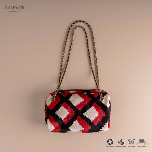 Silk Velvet Ikat Shoulder Bag – Off White / Black / Red