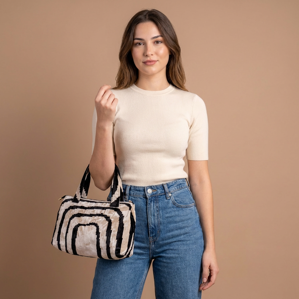 Silk Velvet Ikat Shoulder Bag – Off White / Black