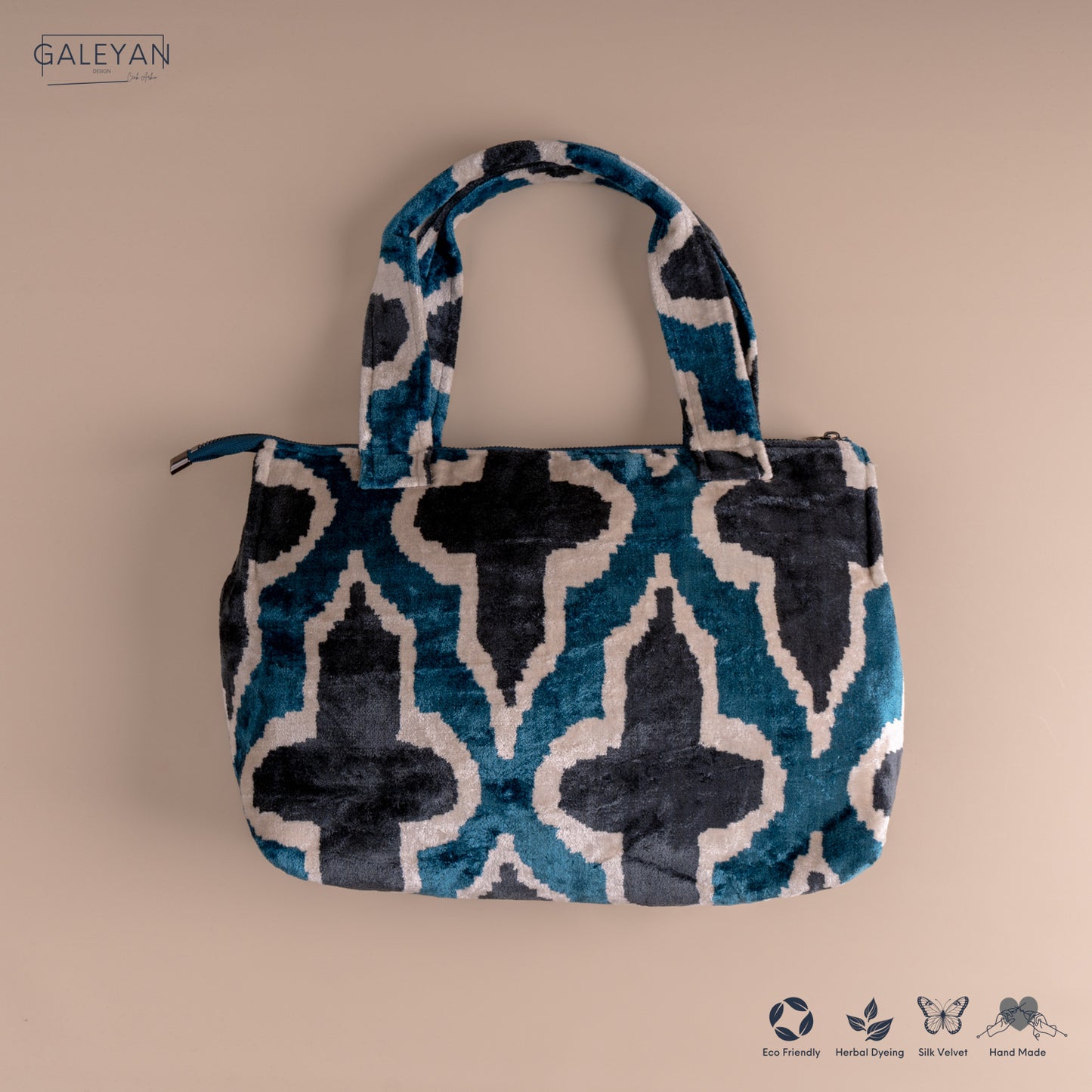 Silk Velvet Ikat Shoulder Bag – Off White / Turquoise / Midnight Indigo