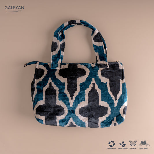 Silk Velvet Ikat Shoulder Bag – Off White / Turquoise / Midnight Indigo
