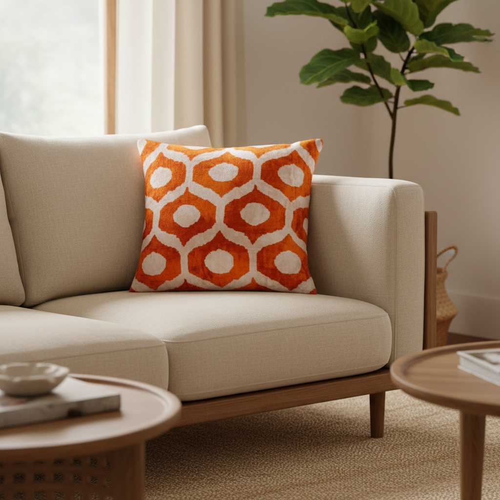 Silk Velvet Ikat Cushion – Off White/Amber
