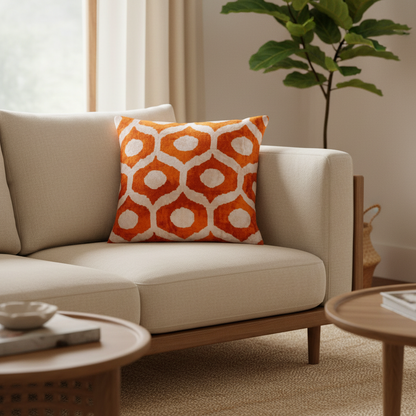 Silk Velvet Ikat Cushion – Off White/Amber