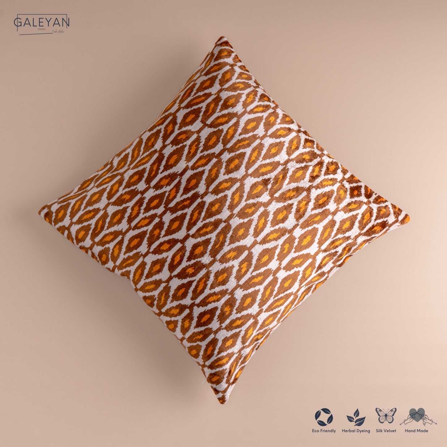 Silk Velvet Ikat Cushion – Off White/Brown/Saffron Gold