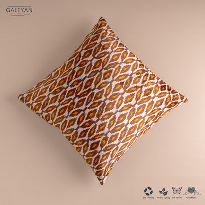 Silk Velvet Ikat Cushion – Off White/Brown/Saffron Gold