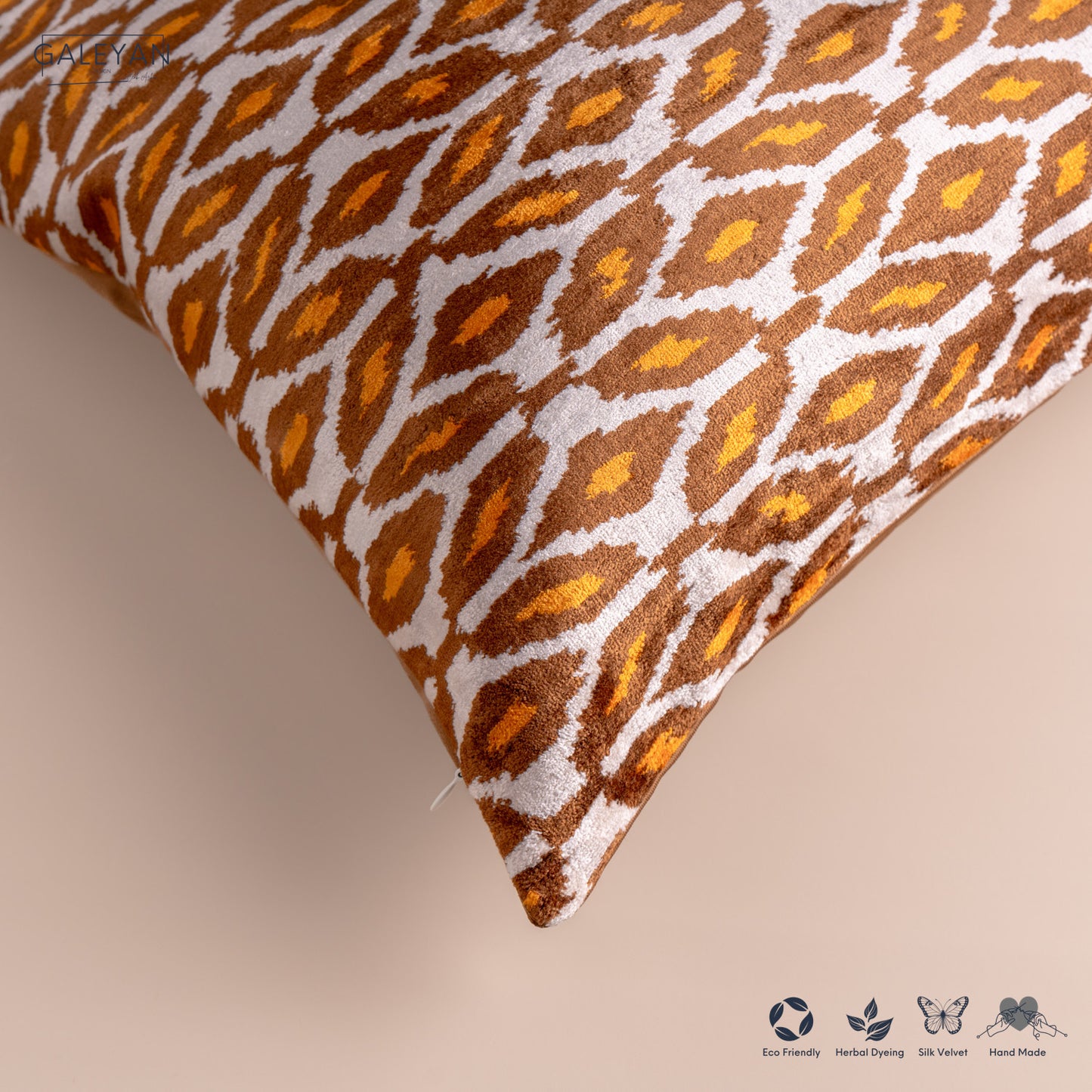 Silk Velvet Ikat Cushion – Off White/Brown/Saffron Gold