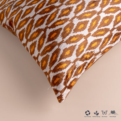 Silk Velvet Ikat Cushion – Off White/Brown/Saffron Gold