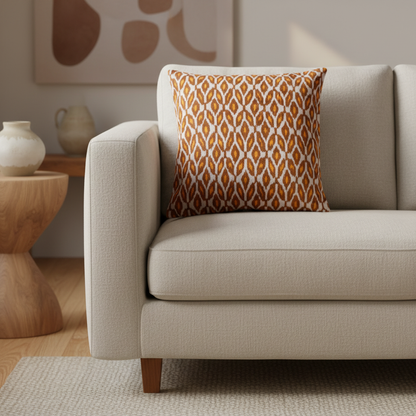 Silk Velvet Ikat Cushion – Off White/Brown/Saffron Gold