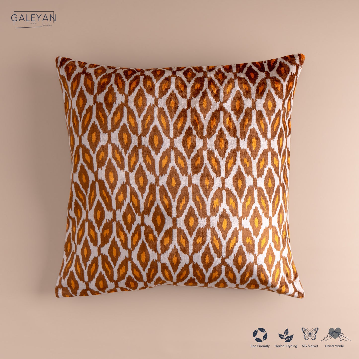 Silk Velvet Ikat Cushion – Off White/Brown/Saffron Gold