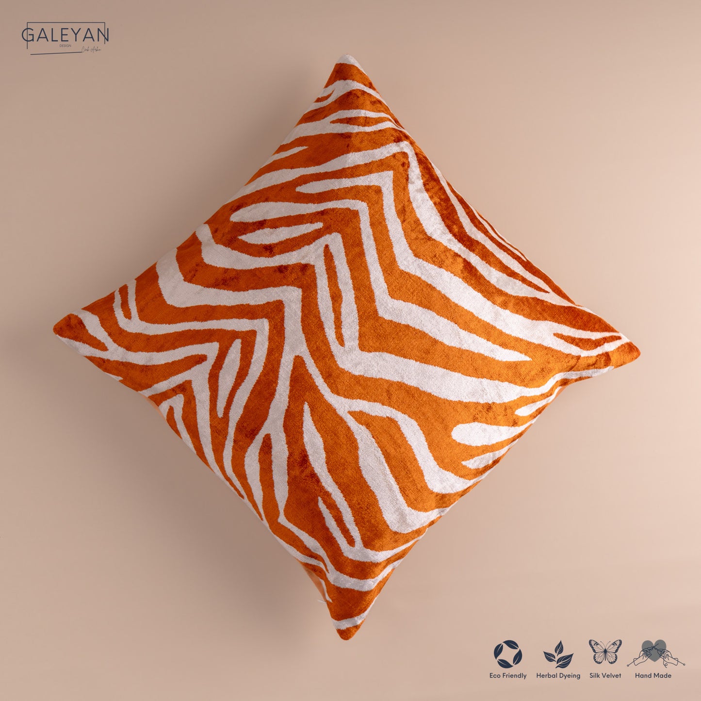 Silk Velvet Ikat Cushion – Off White/Amber