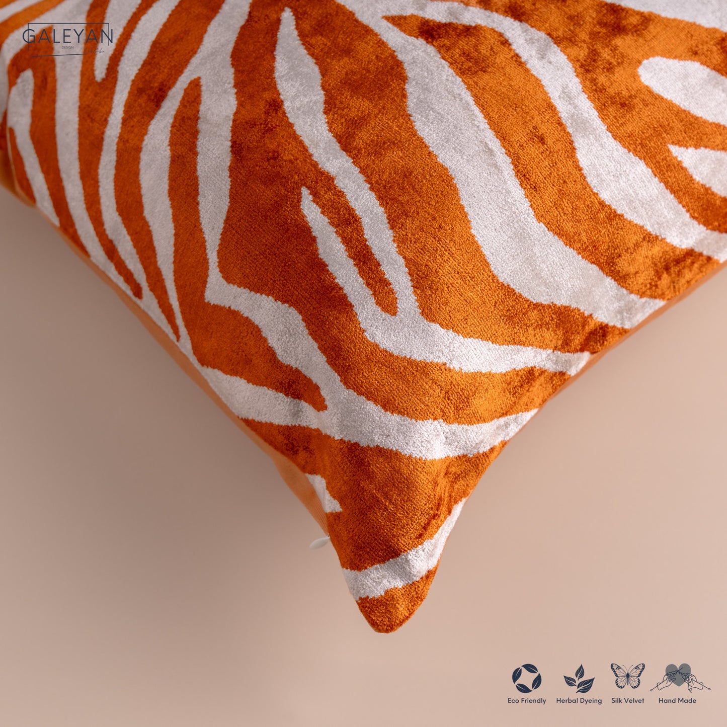 Silk Velvet Ikat Cushion – Off White/Amber